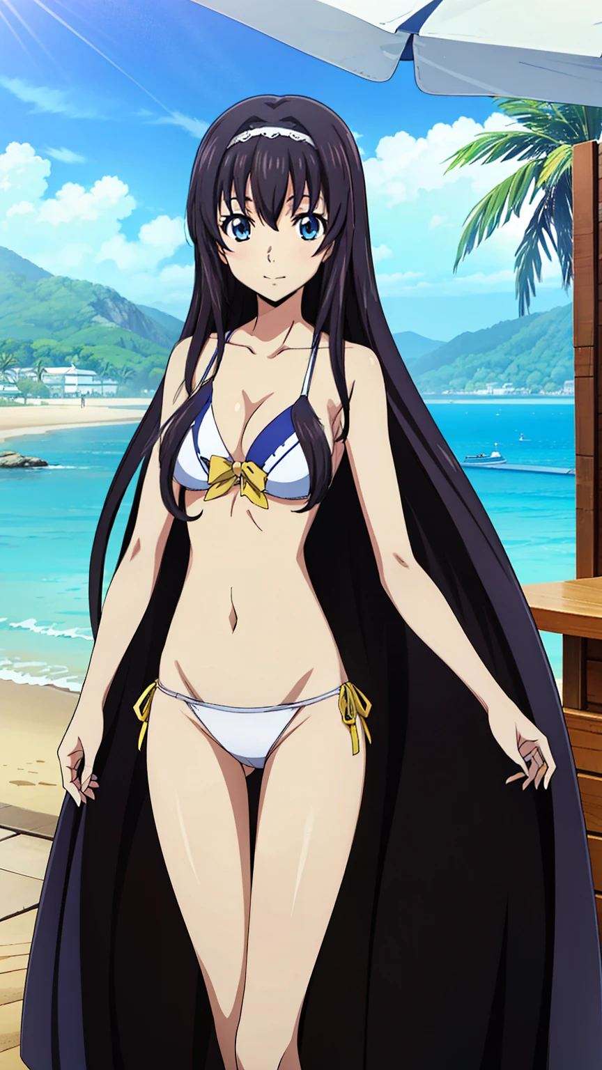 Black Hair,Long Hair,blue eyes,bangs, ((髪band)), Animeセル画スタイル,masterpiece, Highest quality, Very detailed, a Anime女の子, (White Thong swimsuit), (on beach), (standing as a model), Naughty anime style, Anime, Naughty style, Naughty, Digital anime art!!, Anime Style, Official artwork, Visual Novel CG, 美しいAnime, Anime Style 4k,