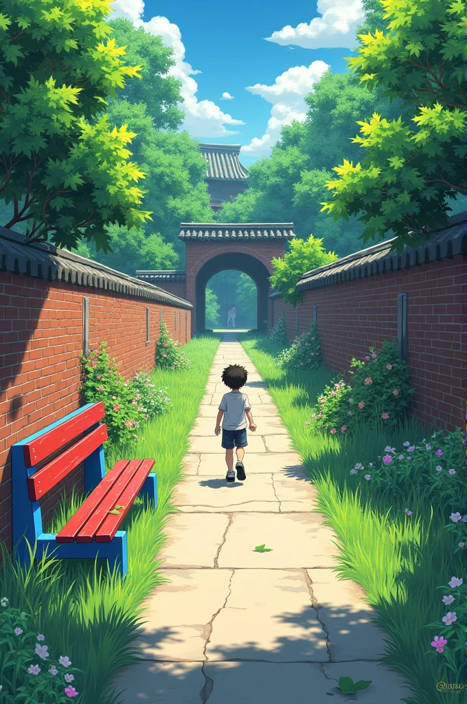 Make a hard anime 4k A garden ruond with brick wall and straight road and some flowers long wild graas a old sitting red and blue bench side of wall some green and orange leaf wide cement road a boy walking along the road