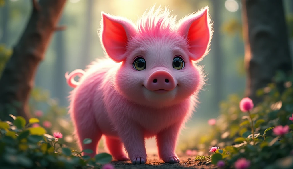 a beautiful young pig, pink fur, stunning, handsome, in a forest setting, 1m tall, mythical world, (best quality,4k,8k,highres,masterpiece:1.2),ultra-detailed,(realistic,photorealistic,photo-realistic:1.37),hyper realistic,intricate details,vibrant colors,dramatic lighting,captivating pose,nature background,fantasy atmosphere, Disney