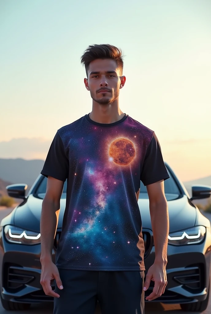 Create an image of a young man standing confidently in front of a sleek, modern car. He is wearing a vibrant, eye-catching t-shirt with a divine or celestial design, featuring stars, planets, or other cosmic elements. The setting is outdoors, with a clear sky and soft, natural lighting that highlights both the boy's expression of pride and the car's polished exterior."