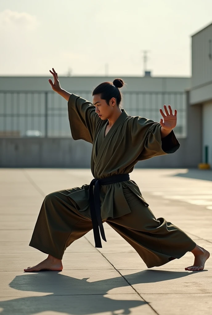 japanese man wearing a kariginu kimono doing a karate pose on an empty parking lot
