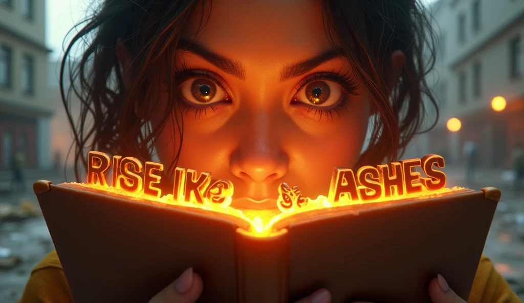 Create an ultra-realistic, ultra-3D thumbnail with an extreme close-up of the character’s eyes, filled with intense, fiery determination. The eyes should reflect the glowing, holographic notebook they hold, with tiny, detailed images of a new, futuristic campus within the reflection. The background should be blurred, but recognizable as the ruins of the university, with subtle movement—like floating dust and distant, flickering lights—adding to the realism. The character’s face should be partially illuminated by a warm, golden light, with shadows enhancing the depth. The text 'RISE FROM THE ASHES' should be displayed below the eyes in thick, metallic 3D letters with a molten lava effect, dripping and cooling as it spreads across the bottom of the thumbnail."