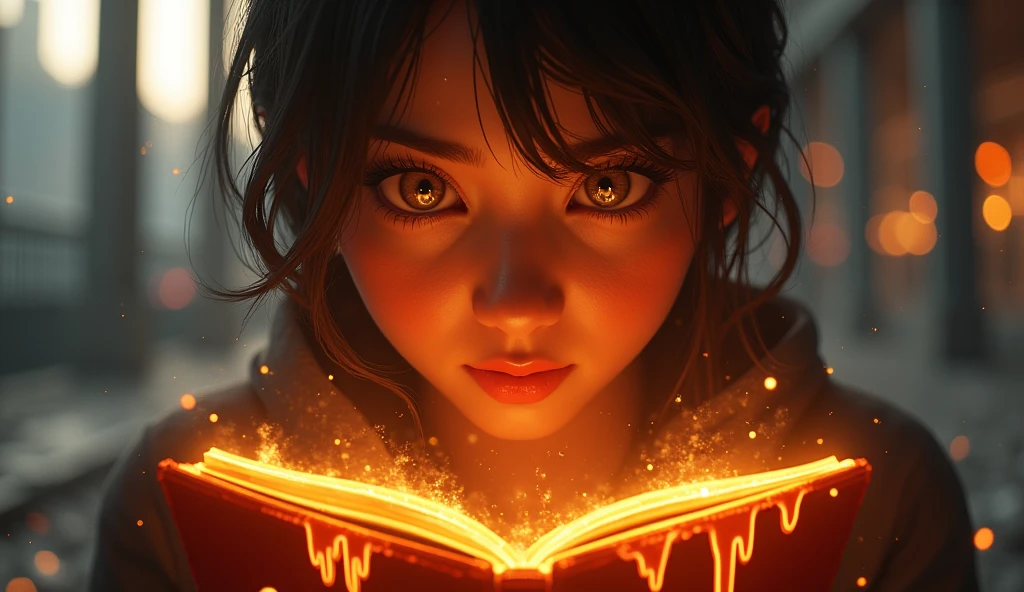 Create an ultra-realistic, ultra-3D thumbnail with an extreme close-up of the character’s eyes, filled with intense, fiery determination. The eyes should reflect the glowing, holographic notebook they hold, with tiny, detailed images of a new, futuristic campus within the reflection. The background should be blurred, but recognizable as the ruins of the university, with subtle movement—like floating dust and distant, flickering lights—adding to the realism. The character’s face should be partially illuminated by a warm, golden light, with shadows enhancing the depth. The text 'RISE FROM THE ASHES' should be displayed below the eyes in thick, metallic 3D letters with a molten lava effect, dripping and cooling as it spreads across the bottom of the thumbnail."