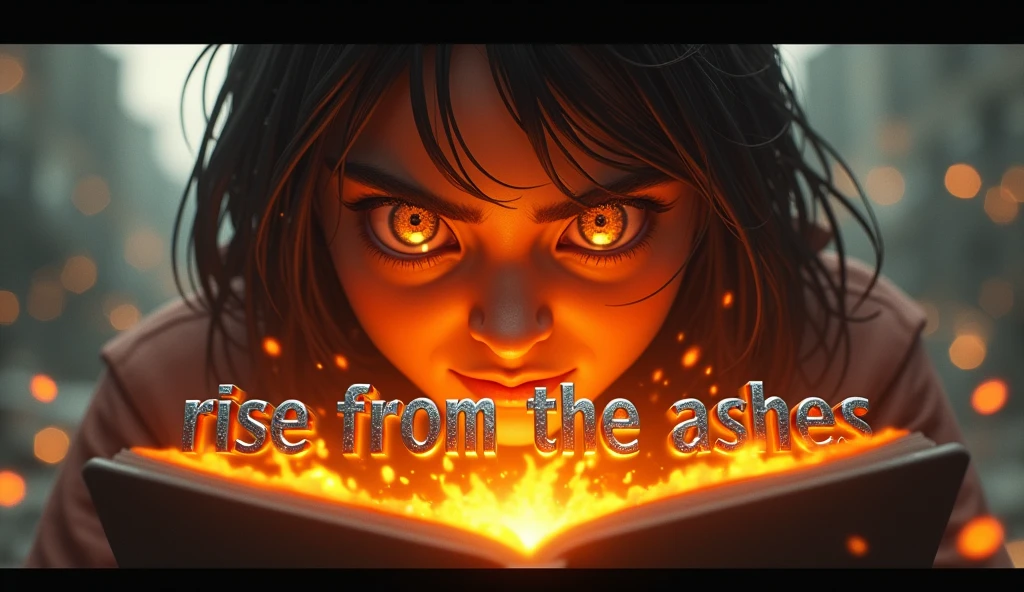 Create an ultra-realistic, ultra-3D thumbnail with an extreme close-up of the character’s eyes, filled with intense, fiery determination. The eyes should reflect the glowing, holographic notebook they hold, with tiny, detailed images of a new, futuristic campus within the reflection. The background should be blurred, but recognizable as the ruins of the university, with subtle movement—like floating dust and distant, flickering lights—adding to the realism. The character’s face should be partially illuminated by a warm, golden light, with shadows enhancing the depth. The text 'RISE FROM THE ASHES' should be displayed below the eyes in thick, metallic 3D letters with a molten lava effect, dripping and cooling as it spreads across the bottom of the thumbnail."