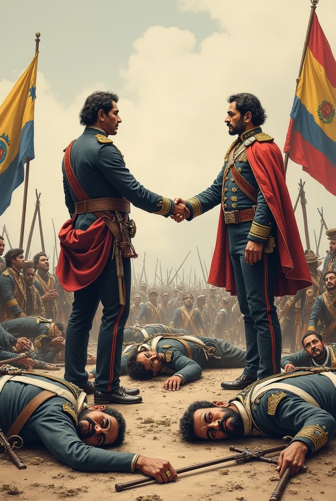 Drawing of Bolivar and Santander shaking hands with dead Spaniards around and allies with Colombian flags, venezuela,brazil y ecuador 