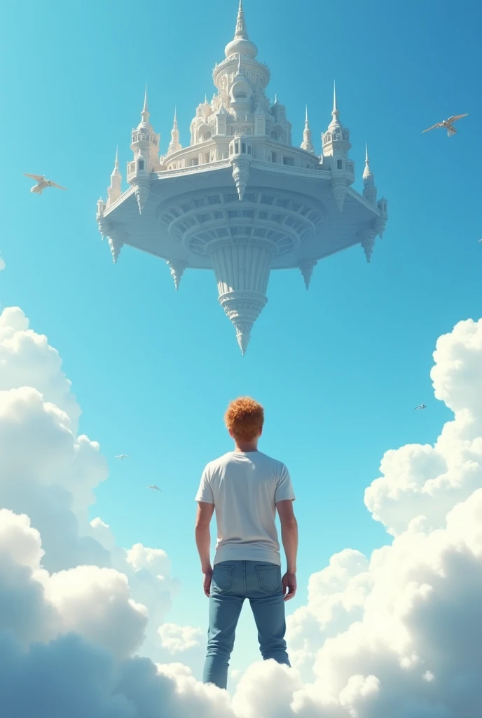 A cinematic medium shot of a man with reddish-blonde hair wearing a t-shirt and jeans. He is standing knee-deep in clouds, between fluffy white clouds and looking at a magnificent fantasy city with intricate details. The city is floating in the air above the clouds, with small defensive towers flying around it. The background is a clear blue sky. The city has a heptagonal shape, with corner towers connected to the central part by eries and passages. The city's design is strict yet graceful, combining futuristic and traditional architectural elements. It soars high in the sky in the air far away. The city has a fantasy look with a futuristic twist, and the flying towers serve as defense structures.