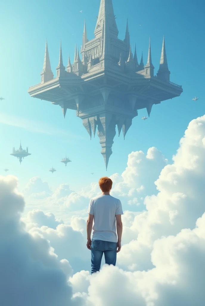 A cinematic medium shot of a man with reddish-blonde hair wearing a t-shirt and jeans. He is standing knee-deep in clouds, between fluffy white clouds and looking at a magnificent fantasy city with intricate details. The city is floating in the air above the clouds, with small defensive towers flying around it. The background is a clear blue sky. The city has a heptagonal shape, with corner towers connected to the central part by galleries and passages. The city's design is strict yet graceful, combining futuristic and traditional architectural elements. It soars high in the sky in the air far away. The city has a fantasy look with a futuristic twist, and the flying towers serve as defense structures.