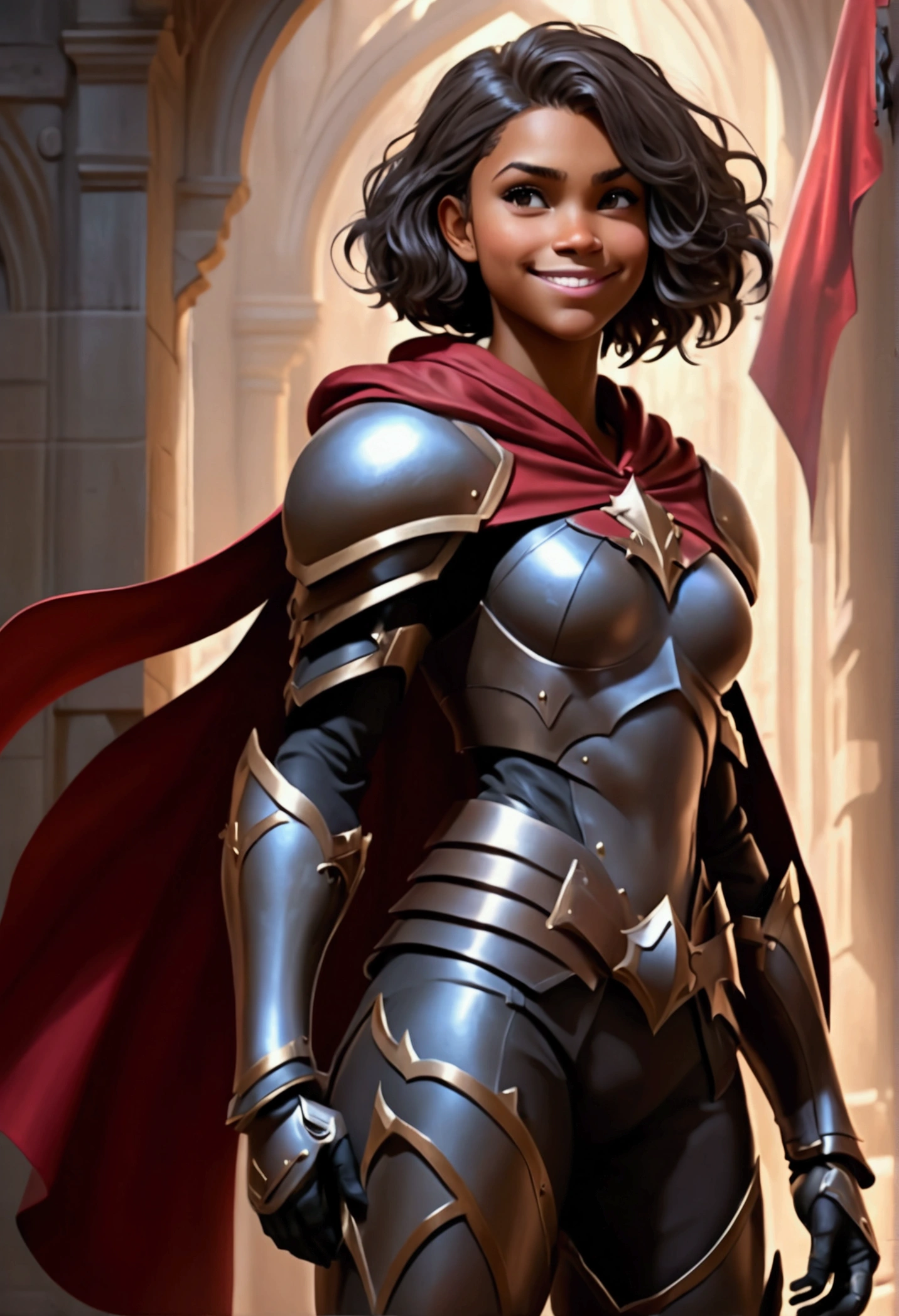 ((artwork, best quality)),front view, ultra detailed,1girl, ((fullbody)),standing pose,muscular body, armor, dark armor,big tits,tomboy,smile,boots,cloves,cape,dark,concept art