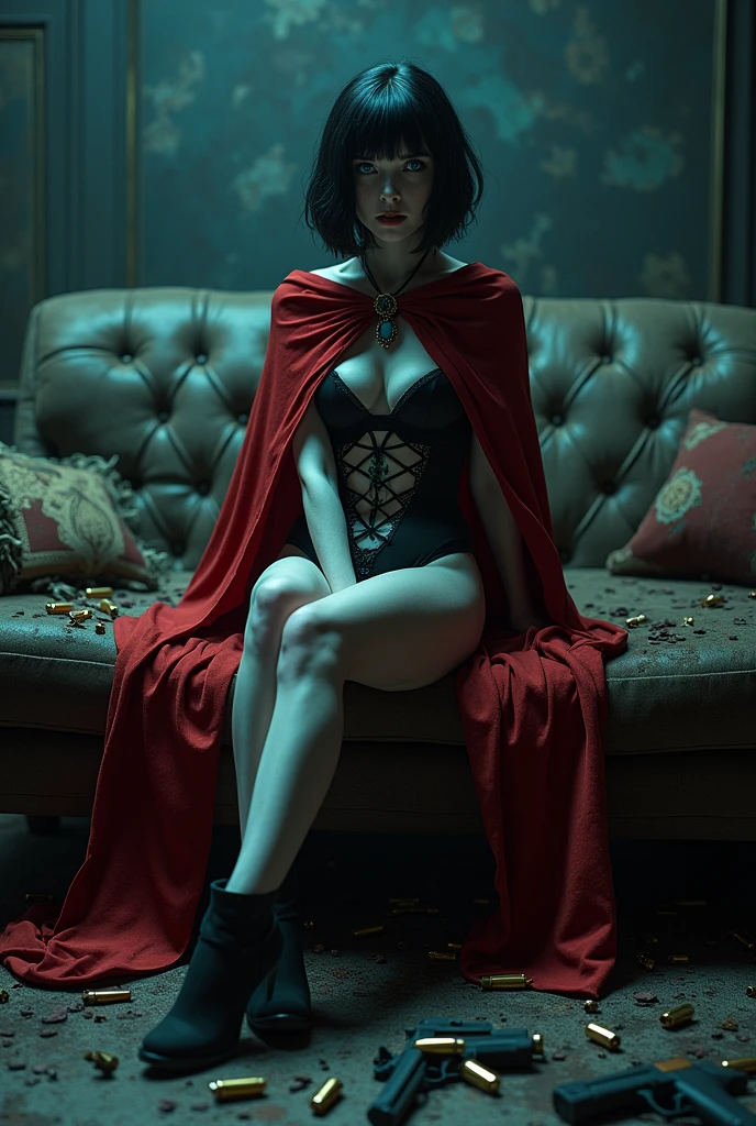 Undead vampire gothic girl with short dark hair and blue eyes, in black lingerie and red cape sitting on the couch, It is riddled with machine guns with millions of bullets that make many bullet holes in its impenetrable steel skin.., The bullets fall to the ground and make many bullet holes in the sofa and wall and break many pistols and machine guns. 