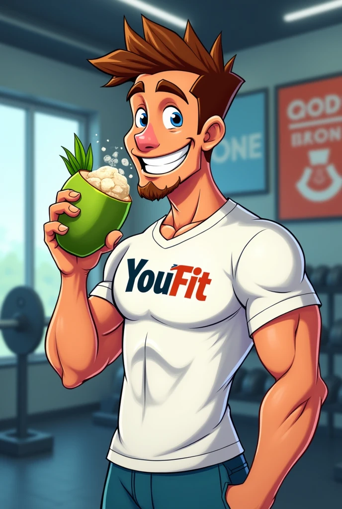 cartoon man drinking coconut water after exercising at the gym with a t-shirt saying youfit