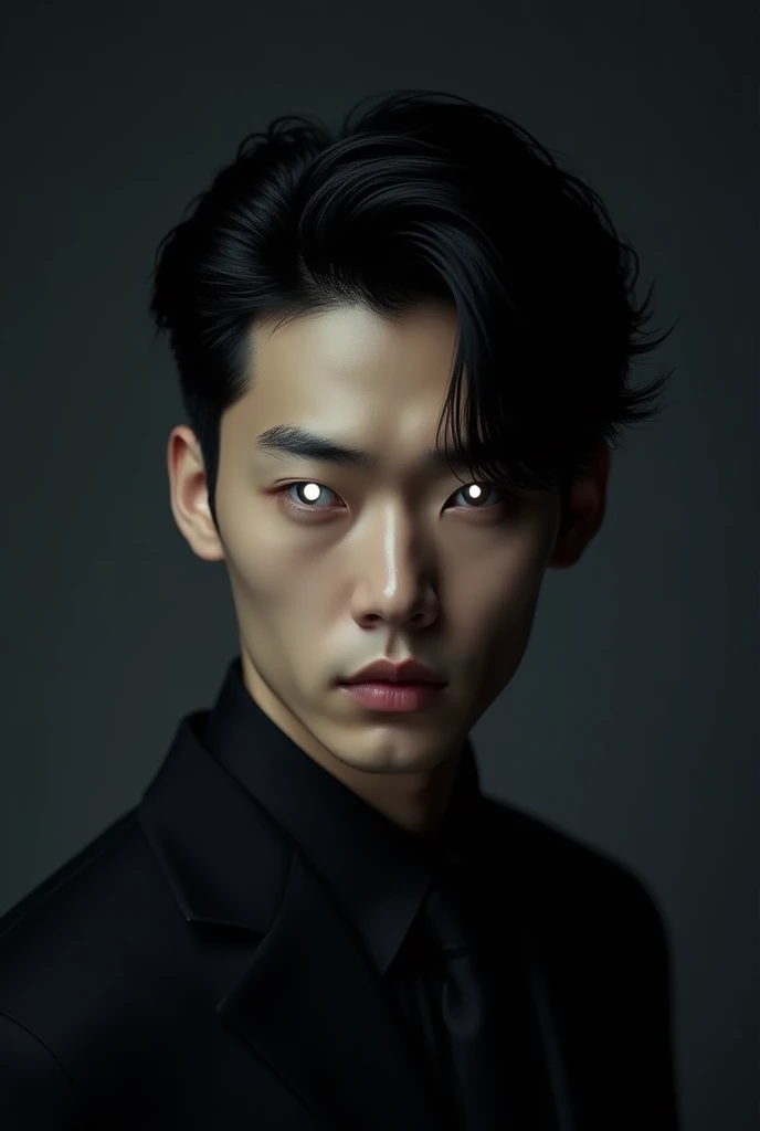 solo, Black Hair, all back,Korean Man,Slim and muscular,Slanted Eyes, Three white eyes,No background,Black Suit