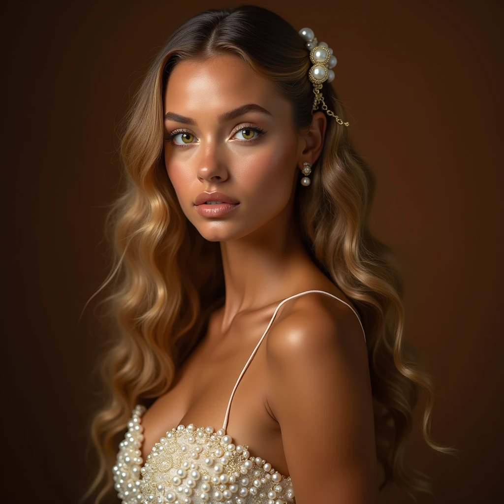 Smile Toffee color skin, beautiful toffee mixed woman with long blond curly and extremely detailled clear yellow eyes, extremely face detailed, she wears beautiful she does a magnificent photo shoot ,she has a beautiful top made of white pearl, top made of pearls, she is beautiful, Chocolate brown background, She wears beautiful pearls in her hair