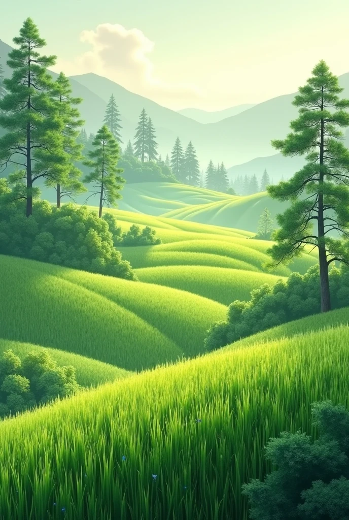 Make me a view of fertile rice fields and pine trees Without any plateau