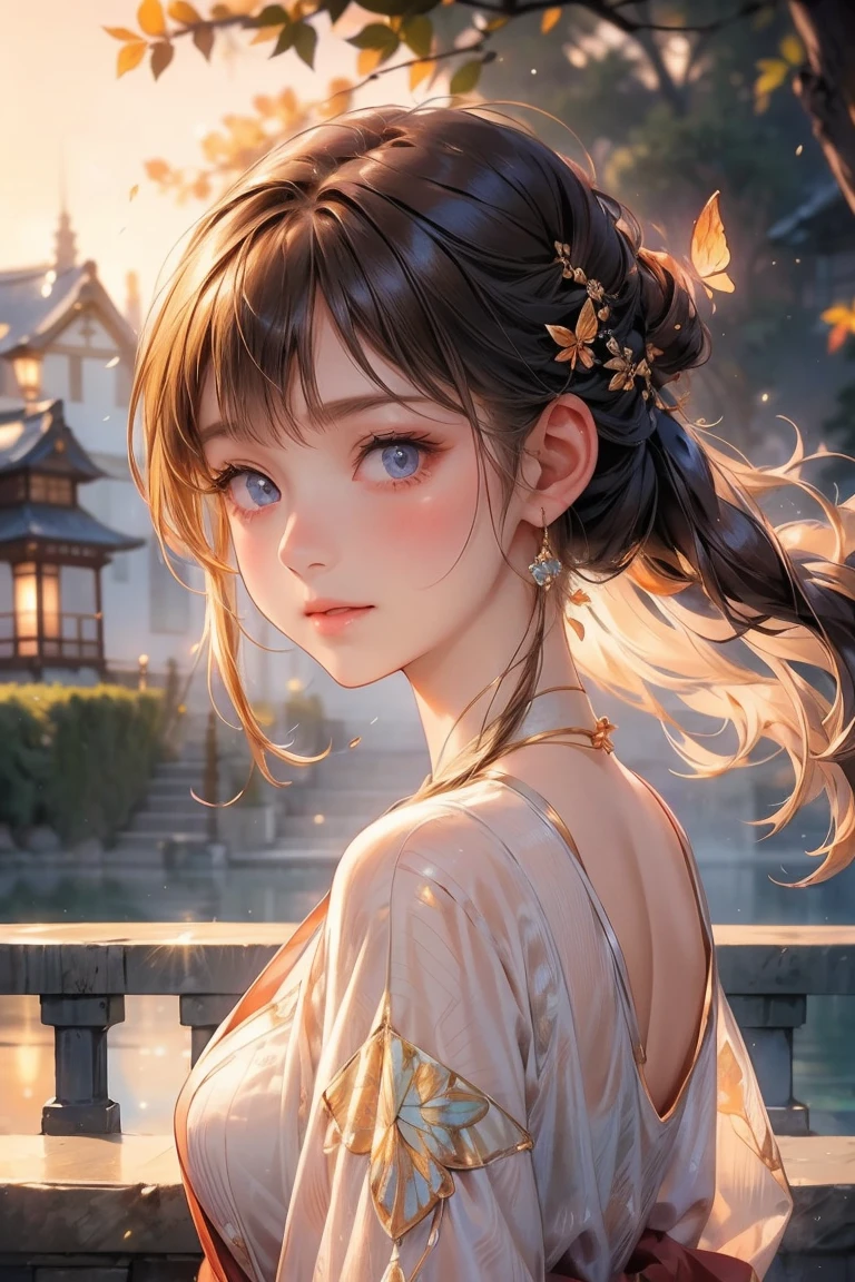 Portrait of a beautiful Japanese woman with beautiful, detailed blue eyes wearing a pale, soft burgundy cardigan draped over her shoulders Soft orange light 「Hair with gentle waves swaying in the evening breeze、Soft orange lightが髪に反射し、Make you feel the end of summer。」Looking out at the view from the balcony I feel the end of summer Late summer afternoon Autumn wind Depiction from the waist up Nostalgia Looking back on fun memories, she smiles softly with a sad look in her eyes Side angle with chin on hand A beautiful and lovely detailed butterfly flying.
