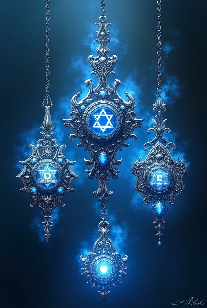 (Photorealism: ), 5 amulets, many separate talismans, Wicca, Star of David, Tetragrammaton, Turkish eye, powerful pendant style, very intense blue and silver color, mystical looking straight ahead, suspended.