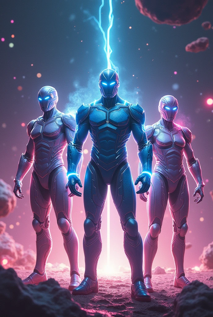 "Create an image set in the Land of the Halogens, where the environment is vibrant and energetic, filled with flickering lights that create a sense of reactivity. The scene is dynamic, with a backdrop of dark, starry skies and cosmic elements. Fluorine (F) and Chlorine (Cl) are depicted as powerful, humanoid figures wearing sleek, metallic armor that glows with electric energy, resembling warriors ready for action. Proton stands at the center, wearing a strong, advanced armor that exudes leadership and confidence, similar to a knight's but modern and streamlined. Electron, in his speedster-like suit that is tight-fitting and futuristic, moves swiftly around, leaving trails of light as he demonstrates his speed. Neutron, in a balanced and composed stance, is wearing a solid, non-flashy armor, embodying calmness and stability amidst the energetic surroundings. The scene captures the high energy and readiness of the halogens to react, with bright colors and intense lighting to emphasize their eagerness."