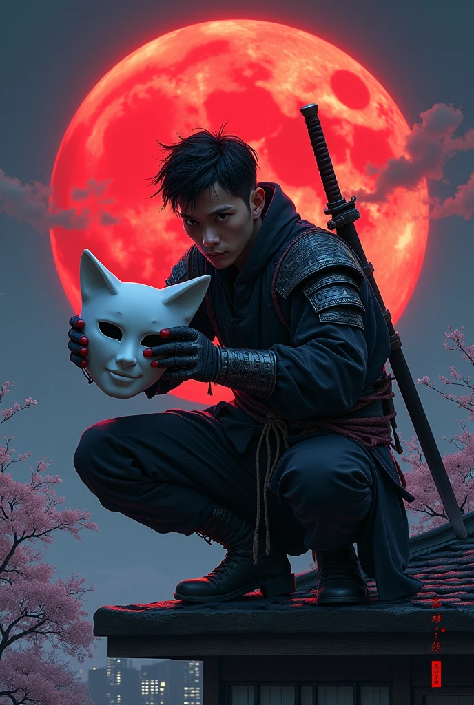 The action of a 30 year old Indonesian man, black hair combed back, sitting squatting on the edge of the roof of a Japanese house, holding a white
cat-shaped mask, wearing a ninja costume, there is a blood stain effect on the costume. wearing iron armor complete with a large rope tied around his waist, long black trousers and tabi, there is a samurai sword placed on his back. his gaze is very sharp, the night atmosphere with the background of a large, bright red full moon adds to the drama of his narrative. atmosphere, flowers and cherry trees at night, hair blowing in the wind, cold, realistic details of a cold night scene realistic details of a cold night scene in a Japanese city
