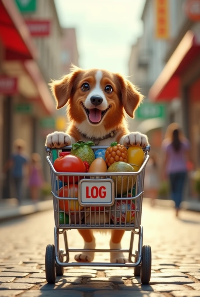 A dog carrying a full shopping cart for an advertising logo