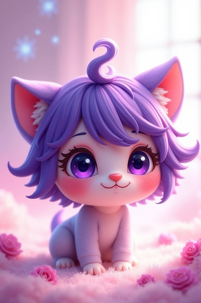 Create a chibi character with purple hair and eyes. 