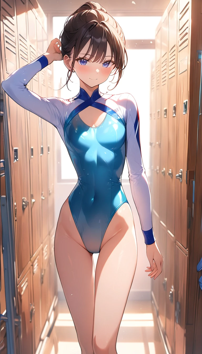 highquality illustration, masterpiece, very delicate and beautiful, attractive girl,((gymnastics leotard,long sleeve leotard,high_leg leotard,long sleeve leotard,tight-fit leotard,athletic leotard,athlete leotard)),thin,slender body,slim,high school,locker room,gymnastics club,gymnastics athlete,beautiful eyes,light smile,(masterpiece, best quality:1.2), highres, extremely detailed CG unity 8k wallpaper, perfect lighting, Colourful, ultra-high res,4K,ultra-detailed, photography, 8K, HDR, s,cowboy shot,