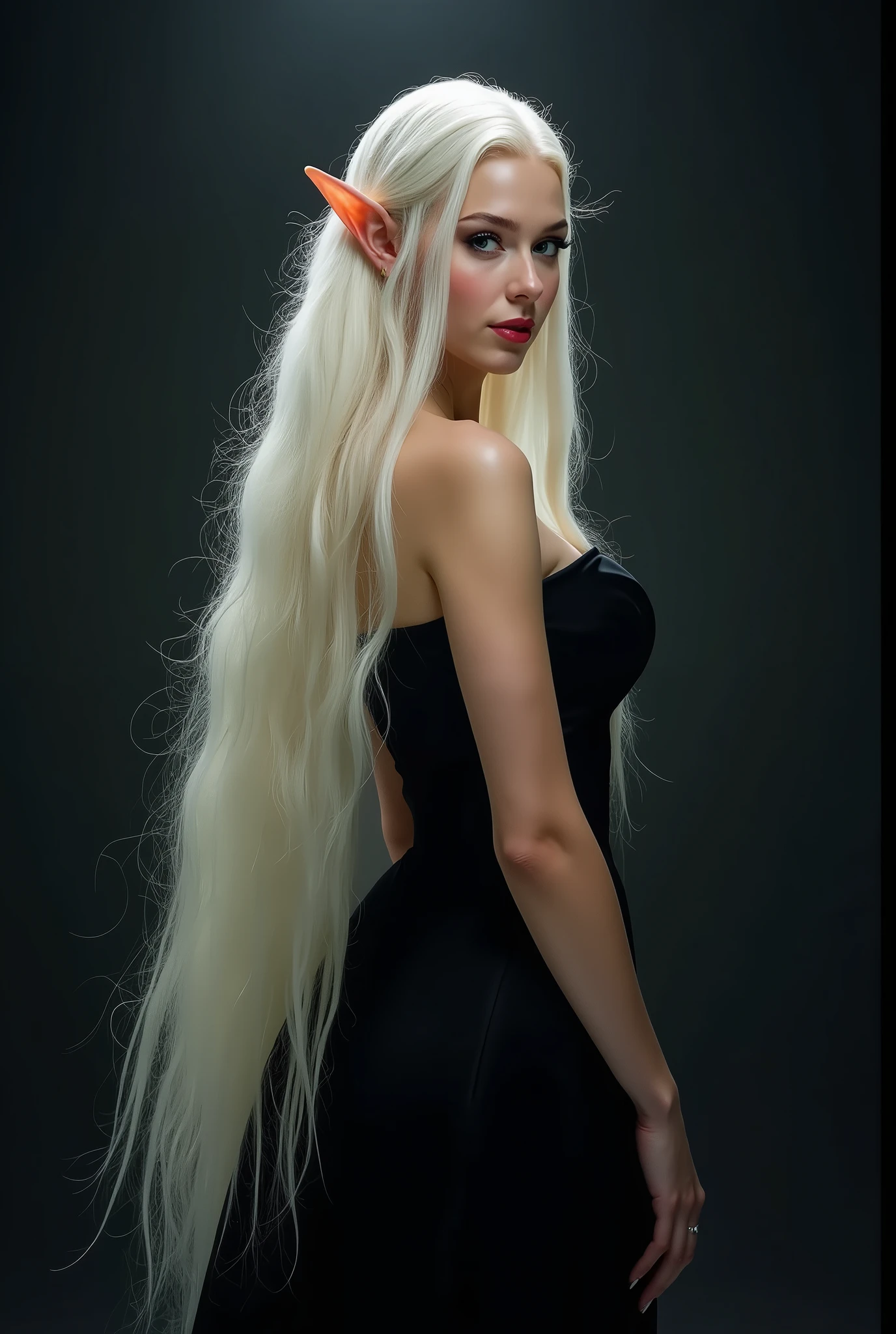 FULL BODY VIEW OF AN ELVE WOMAN ( TOLKIEN STYLE) , BUST IMAGE STYLE, STUDIO IMAGE STYLE, BLACK INFINITE BACKGROUND, DIFFUSED LIGHTS ON FACE, STRONG BACK LIGHTS, CLOSE FACE SHOT, PLATINUM LONG HAIR, HUGE STRAIGHT LONG HAIR, VERY VOLUMOUS HAIR, PLATINUM EYEBROWS, VERY PALE SKIN, LIGHTNING SKIN LIKE SNOW, HIGH CHEEKBONES, ROSY CHEEKS, GORGEOUS LIPS, SOFT LIPSTICK, EXPOSED TIP EARS, FREE COLLAR BODY REGION, VOLUMOUS BREASTS, STRAPLESS CLEAVAGE, STRAPLESS LONG DRESS, LONG BLACK DRAPEED DRESS, ENIGMATIC FACE EXPRESSION, SIDE BODY VIEW, FULL BODY PERSPECTIVE,  FACE LOOKING AT CAMERA, MIDDLE ANGLE SHOT, 100 mm LENS, HIGH QUALITY IMAGE, MASTERPIECE, 8K