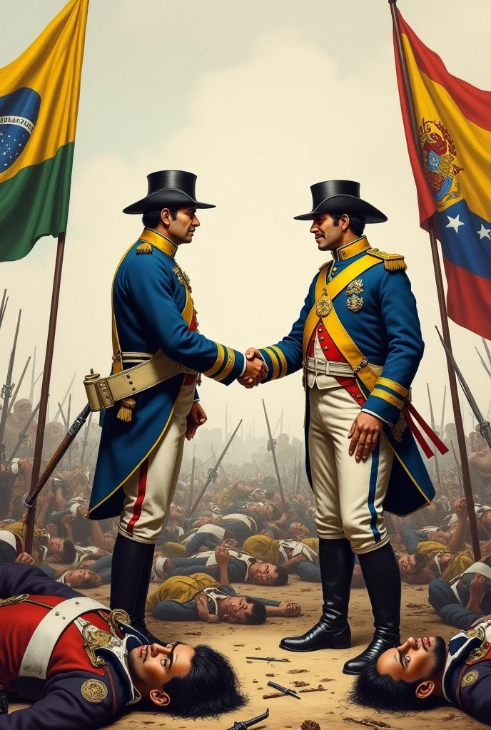 Drawing of Bolivar and Santander shaking hands with dead Spaniards around and allies with Colombian flags, venezuela,brazil y ecuador 