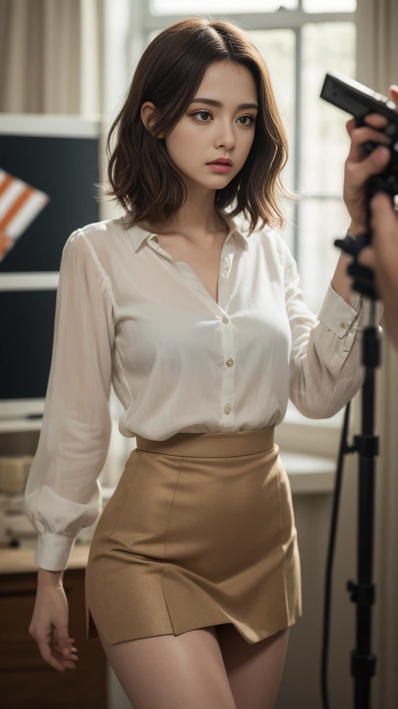 ((best quality, 8 thousand, masterpiece:1.4)), (20세 female),masterpiece, separated, Highres, High_quality, large in size_launch, small_face, absurdly_short_hair, female, sag_chest, upset the balance, (((최고의 quality))), ((very detailed)), ((very delicate and beautiful)), cinematic light, (Directing a movie scene), Create a scene from the movie, Please direct a scene from IfOnly., whole body, beautiful thighs, long light pleated skirt, 