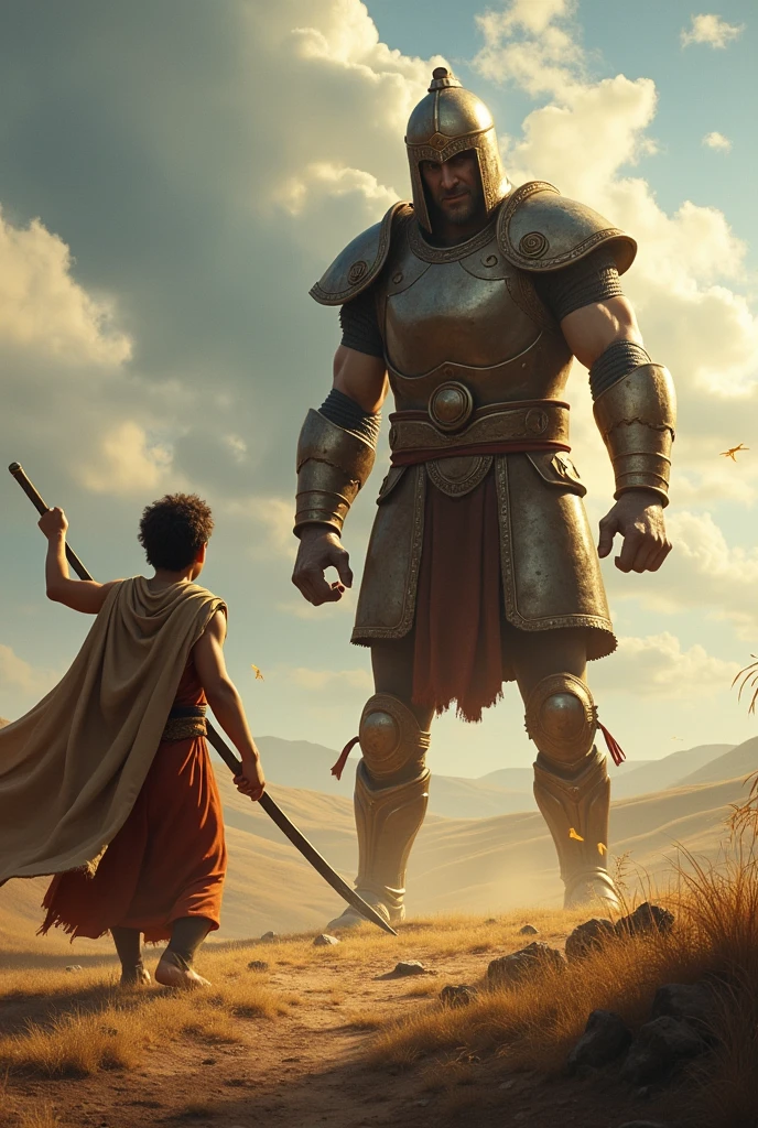 David throwing a stone at the giant Goliath before the battle