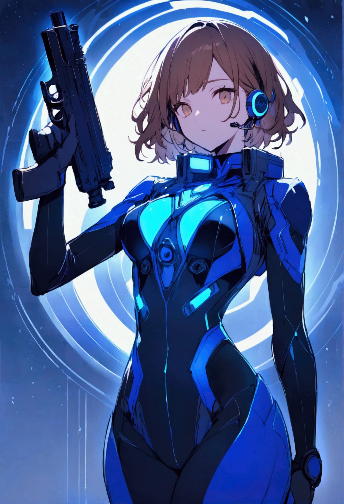  using earphone piercing gaze,hourglass body, wearing robot suit short brown hair light brown eyes with a gun in hand,with purple and blue theme