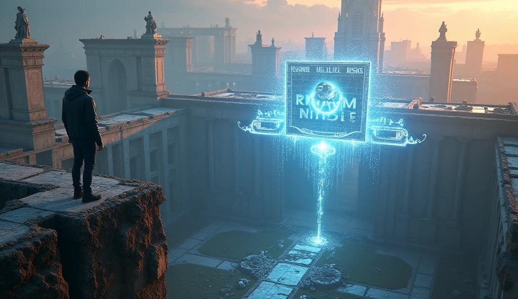 "Design an ultra-realistic, ultra-3D thumbnail where the character is seen from behind, standing on a high ledge overlooking the entire campus. The scene should capture the epic scale of the ruins, with intricate details like broken statues, toppled pillars, and overgrown pathways. In the character’s hands, a glowing, holographic architectural model of a new university is projected, floating above their hands with intricate details and bright, pulsating light. The lighting should be dynamic, with a mix of warm sunlight and cool blue holographic light, casting realistic shadows and reflections across the scene. The text 'RISE FROM THE ASHES' should be in towering, 3D, chrome-like letters, embedded into the architecture, with subtle movement like light pulses traveling along the edges to draw the viewer’s eye."