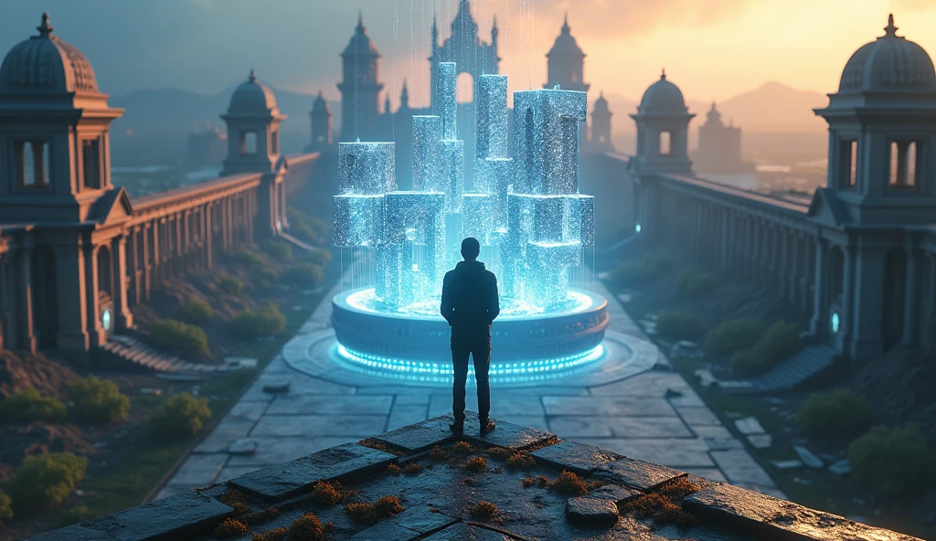"Design an ultra-realistic, ultra-3D thumbnail where the character is seen from behind, standing on a high ledge overlooking the entire campus. The scene should capture the epic scale of the ruins, with intricate details like broken statues, toppled pillars, and overgrown pathways. In the character’s hands, a glowing, holographic architectural model of a new university is projected, floating above their hands with intricate details and bright, pulsating light. The lighting should be dynamic, with a mix of warm sunlight and cool blue holographic light, casting realistic shadows and reflections across the scene. The text 'RISE FROM THE ASHES' should be in towering, 3D, chrome-like letters, embedded into the architecture, with subtle movement like light pulses traveling along the edges to draw the viewer’s eye."