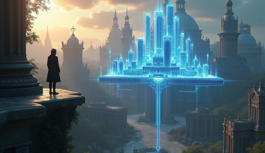 "Design an ultra-realistic, ultra-3D thumbnail where the character is seen from behind, standing on a high ledge overlooking the entire campus. The scene should capture the epic scale of the ruins, with intricate details like broken statues, toppled pillars, and overgrown pathways. In the character’s hands, a glowing, holographic architectural model of a new university is projected, floating above their hands with intricate details and bright, pulsating light. The lighting should be dynamic, with a mix of warm sunlight and cool blue holographic light, casting realistic shadows and reflections across the scene. The text 'RISE FROM THE ASHES' should be in towering, 3D, chrome-like letters, embedded into the architecture, with subtle movement like light pulses traveling along the edges to draw the viewer’s eye."