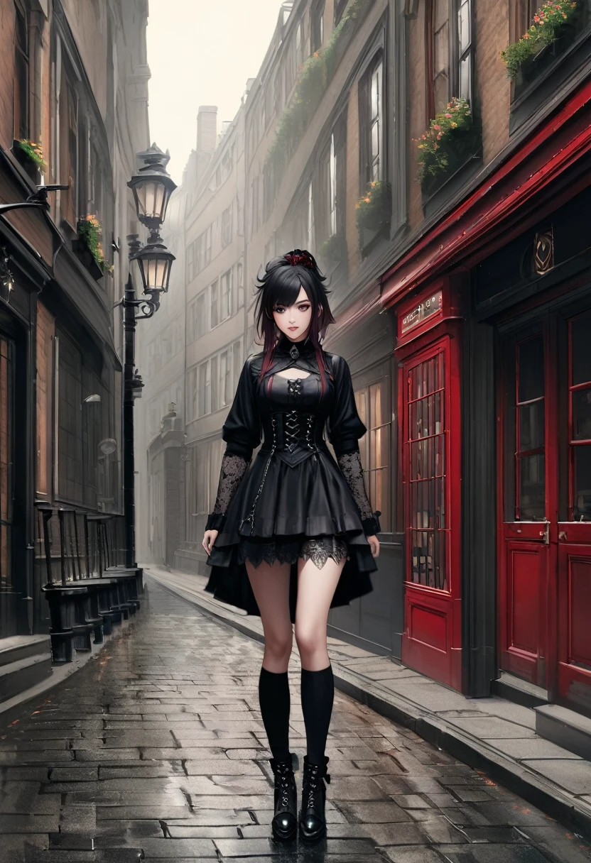 Gothic Punk、The inside color is red、Black-haired、hair ornaments、Beautiful girl、creative、Dark Fantasy Style、Goth Fashion 1：2,Tight mini skirt、Fine skin、Realistic textured hair、((Black Mask)),Whole Body Ezbian,19th century London streetscape, Complex clothing, 