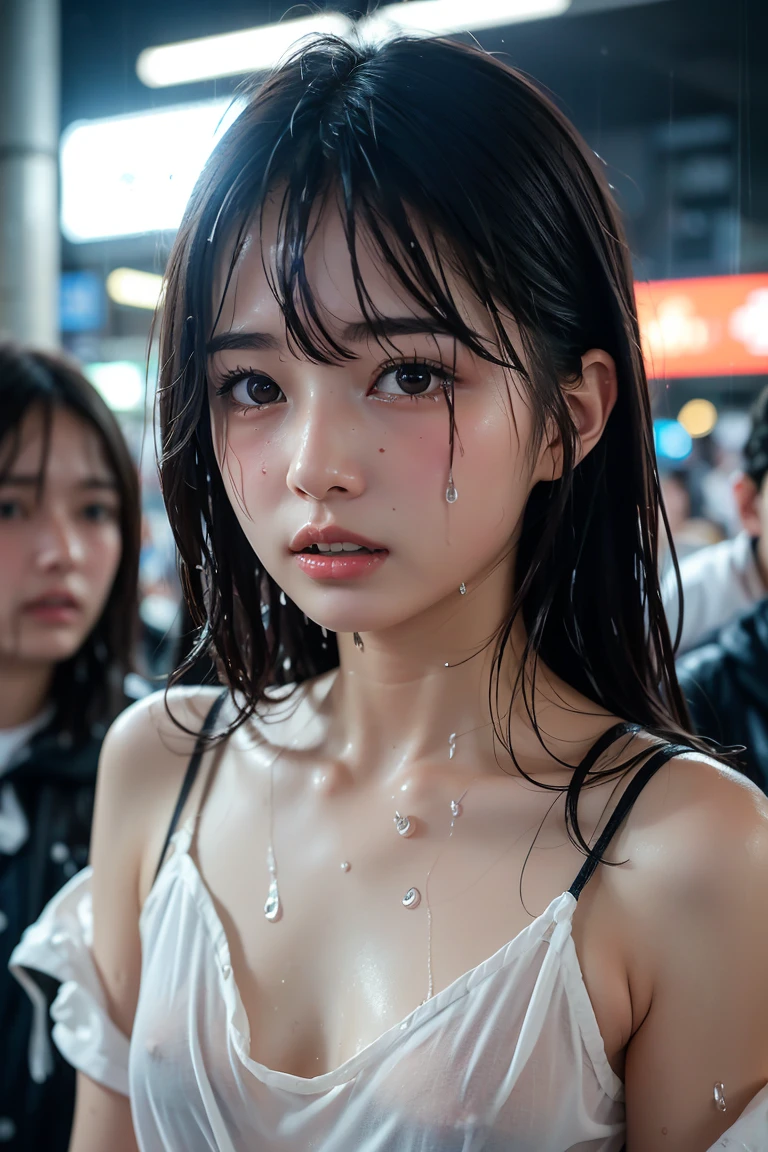 Best image quality, masterpiece, Ultra-high resolution, (Loyalty :1.4), Pretty Japanese woman, 1 person, Detailed face, Detailed eyes, Correct human anatomy, ,tears, tears drop, (White shirt), (Wet clothes stick to the body:1.4), Exposing shoulders, Wet Hair, Heavy Rain falling, Shibuya Crossing, nipple slip