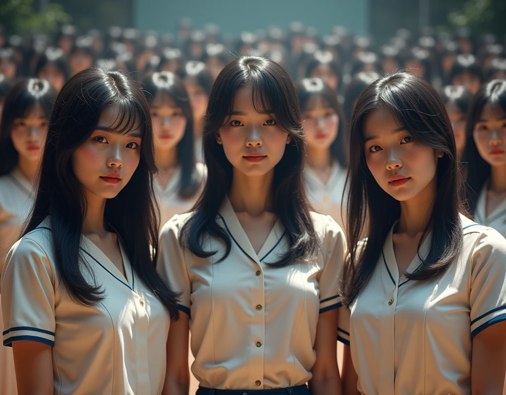 (Japanese Clone-girls=Myself), (Super Best masterpiece Clone-girls Raw Photography Art), (16K, Highest quality, Ultra-high resolution, RAW Photos), (It&#39;s so unrealistic., With unparalleled depiction, With an unfathomable sight, An unprecedented and shocking worldview, Clone-girls: In a world of mass reproduction, Ultra-realistic), (Japanese Girls, 16yo, Small face, Thick black hair, long hair, Dark Eyes, Mature face, Cute Smile, Smiling face, A gentle gaze, Very pleasant look), (Very beautiful detailed girls, Accurate body structure, Accurate body movements, Very detailed body, (Super big breasts, Large bulge of ample breasts)), ((Schoolgirl uniform, Short sleeve, mini skirt, Emphasise the fullness of your breasts)), (Very detailed, Myself cloning, Depiction of splitting oneself, 1Myself girl→1,000,000,000,000,000,000,000,000,000,000Myself cloning girls), (Myself clone girlsは, With the same perfect appearance without any difference, to multiply in large numbers), (Very detailed depiction, Myself&#39;s multiplying female body, In the same female body,With the same face, With the same hairstyle, In the same clothes, At the same height, 同じSuper big breastsで, A completely indistinguishable female body, 1,000,000,000,000,000,000,000,000,000,000 people), (Myself girls only), (Academy, academic level, Commemorative photo depiction, Tiered stage photography, Happy smile, Front view)