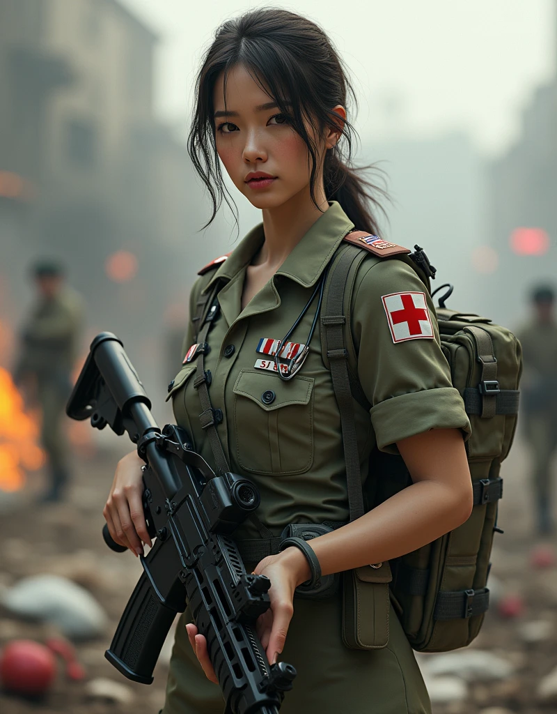 (Photorealism:1.2), beautiful armed woman, Nursing officer, syringe, stethoscope, battleground, Military uniform with red cross mark