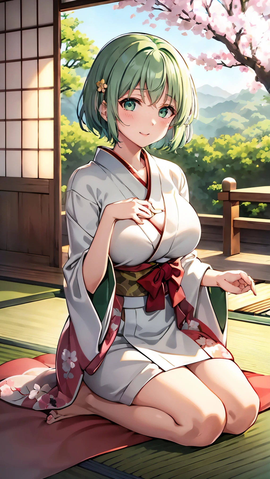Short green hair, Small breasts, Green Eyes, White Casual Beauty Special、(((tits))),Full body photo from head to toe、Kimono、Patterned Japanese clothing、Cherry tree in full bloom、Fluttering petals、Tea Ceremony、Graceful Manners、Tea party、Chatting in a Japanese-style room