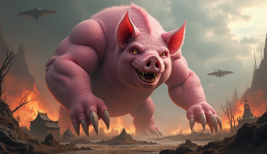 a large ferocious pink pig,monster,burning village background,10m tall,mythological world,highly detailed,8k,photorealistic,hyper realistic
