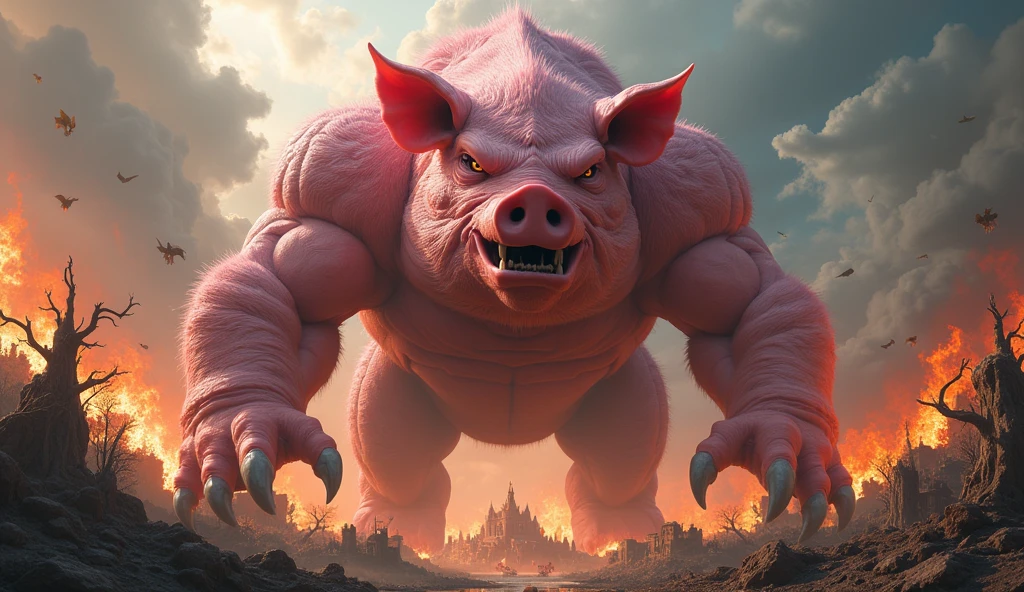 a large ferocious pink pig,monster,burning village background,10m tall,mythological world,highly detailed,8k,photorealistic,hyper realistic