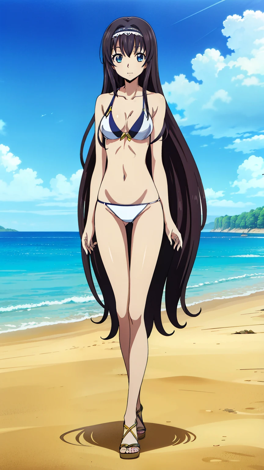 Black Hair,Long Hair,blue eyes,bangs, ((髪band)), Animeセル画スタイル,masterpiece, Highest quality, Very detailed, a Anime女の子, (White Thong swimsuit), (on beach), (standing as a model), Naughty anime style, Anime, Naughty style, Naughty, Digital anime art!!, Anime Style, Official artwork, Visual Novel CG, 美しいAnime, Anime Style 4k,