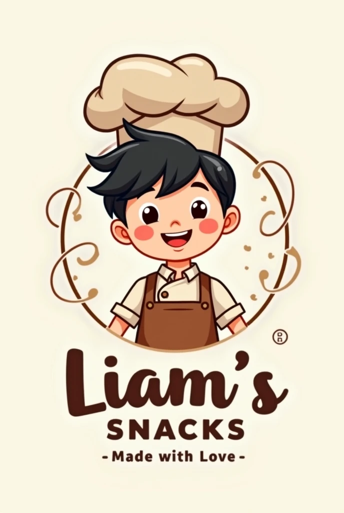 Logo with a cartoon boy pastry chef with black hair, by name Liam&#39;s Snacks slogan Made with Love