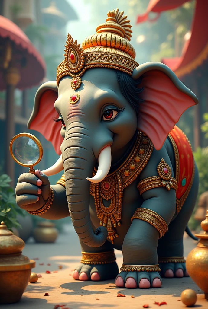 Hindu elephant with a magnifying glass looking for something in a very funny way