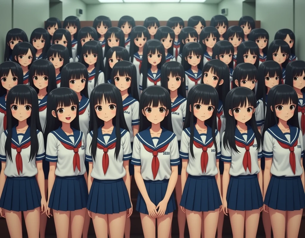 (Japanese Clone-girls=Myself), (Super Best masterpiece Clone-girls Raw Photography Art), (16K, Highest quality, Ultra-high resolution, RAW Photos), (It's so unrealistic., With unparalleled depiction, With an unfathomable sight, An unprecedented and shocking worldview, Clone-girls: In a world of mass reproduction, Ultra-realistic), (Japanese Girls, 16yo, Small face, Thick black hair, long hair, Dark Eyes, Mature face, Cute Smile, Smiling face, A gentle gaze, Very pleasant look), (Very beautiful detailed girls, Accurate body structure, Accurate body movements, Very detailed body, (Super big breasts, Large bulge of ample breasts)), ((Schoolgirl uniform, Short sleeve, mini skirt, Emphasise the fullness of your breasts)), (Very detailed, Myself cloning, Depiction of splitting oneself, 1Myself girl→1,000,000,000,000,000,000,000,000,000,000Myself cloning girls), (Myself clone girlsは, With the same perfect appearance without any difference, to multiply in large numbers), (Very detailed depiction, Myself's multiplying female body, In the same female body,With the same face, With the same hairstyle, In the same clothes, At the same height, 同じSuper big breastsで, A completely indistinguishable female body, 1,000,000,000,000,000,000,000,000,000,000 people), (Myself girls only), (Academy, academic level, Commemorative photo depiction, Tiered stage photography, Happy smile, Front view)