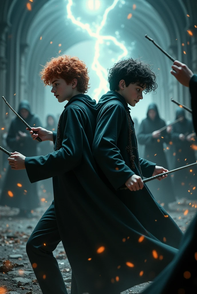 draw ron and harry potter fighting dark wizards
