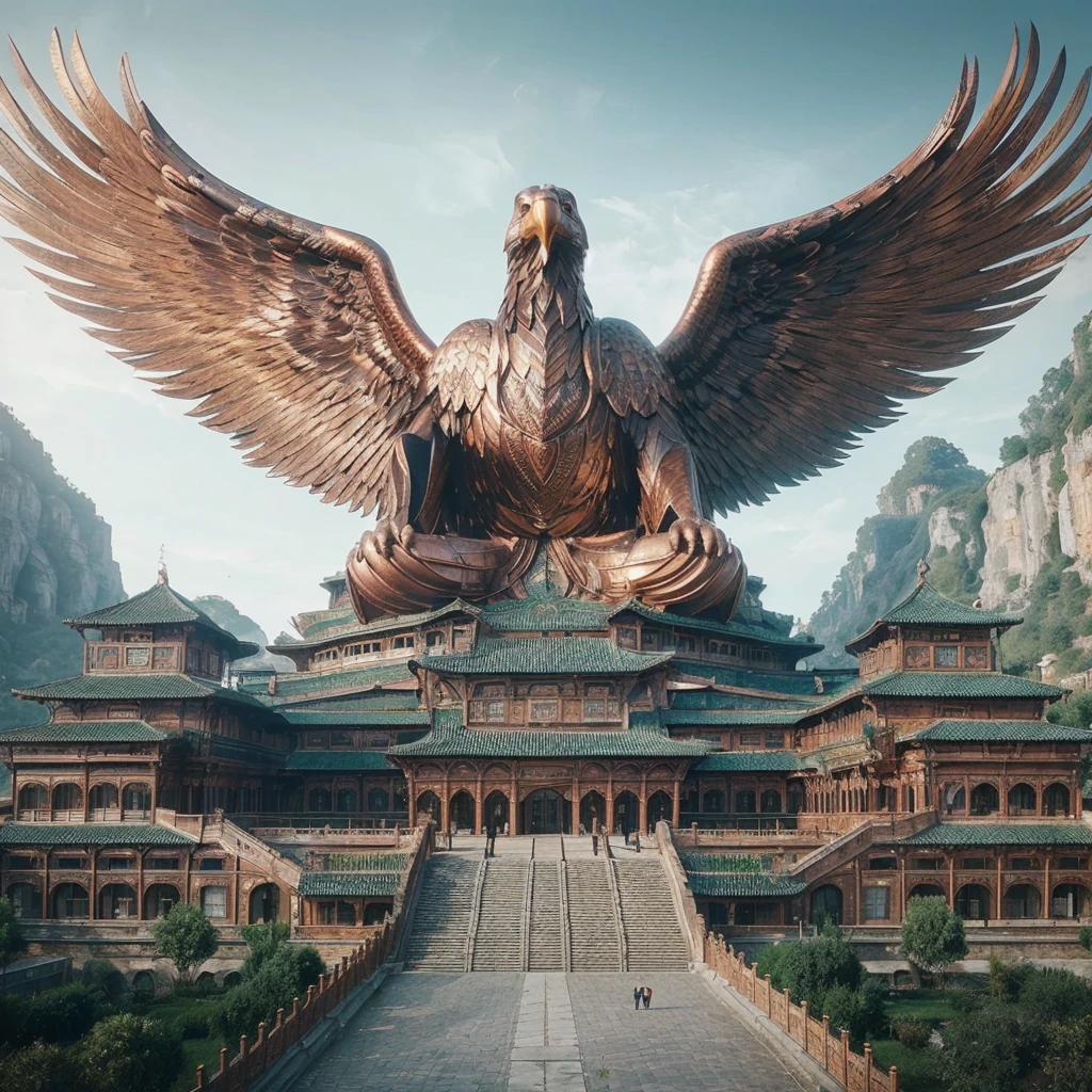 A photo of a European-style copper building resembling a spreading eagle with outstretched wings. The building is made of copper and has a golden hue with a touch of old Tuscan. The building has a symmetrical, precise design and faces the viewer. The background is a lush green landscape with trees.