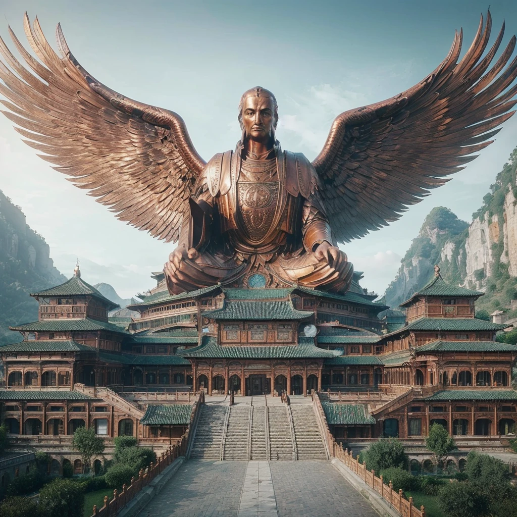 A photo of a European-style copper building resembling a spreading eagle with outstretched wings. The building is made of copper and has a golden hue with a touch of old Tuscan. The building has a symmetrical, precise design and faces the viewer. The background is a lush green landscape with trees.
