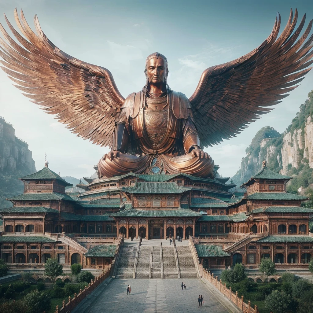 A photo of a European-style copper building resembling a spreading eagle with outstretched wings. The building is made of copper and has a golden hue with a touch of old Tuscan. The building has a symmetrical, precise design and faces the viewer. The background is a lush green landscape with trees.