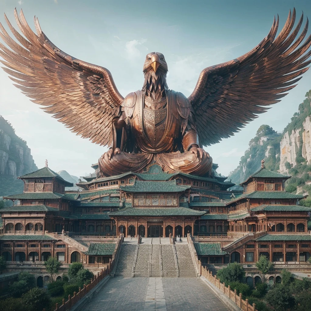 A photo of a European-style copper building resembling a spreading eagle with outstretched wings. The building is made of copper and has a golden hue with a touch of old Tuscan. The building has a symmetrical, precise design and faces the viewer. The background is a lush green landscape with trees.
