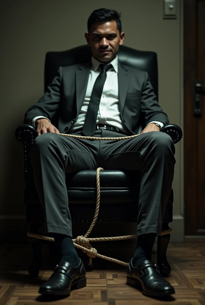 There is a handsome young Malay businessman from Malaysia named Haqiem hands,legs with black socks tied with ropes to the chair and eyes covered with cloth The kidnapper remove Haqiems shoes and tickled tourture Haqiems soles with chicken feather duster Haqiem laughed uncontrollably because his soles were being tickled
