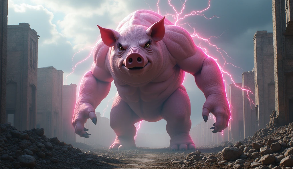 a giant pink electric pig monster in a war-torn ancient city, 50m tall, in a mythical world, (best quality,4k,8k,highres,masterpiece:1.2),ultra-detailed,(realistic,photorealistic,photo-realistic:1.37),extremely detailed eyes and face,longeyelashes,muscular body,fearsome expression,electricity arcing across its body,crumbling ruins,destroyed cityscape,ominous cloudy sky,dramatic lighting